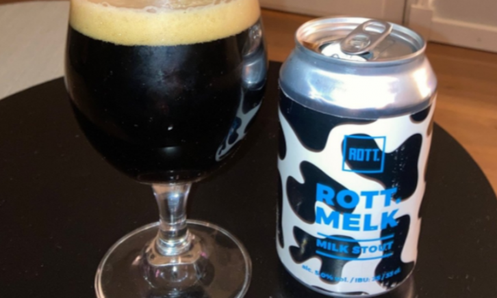 Rott Melk Stout blikje en glas